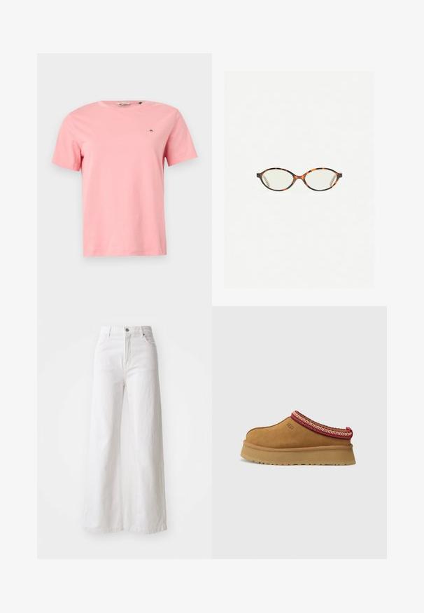 Chunky stickad tröja med breda horisontella marinblå och vita ränder, rund halsringning och ribbade ärmslut och nederkant.; Rosa bomulls T-shirt med rund halsringning, korta ärmar och en liten broderad logotyp på vänster bröst. Slät textur, avslappnad passform.; Vita vida byxor av denim med hög midja, framtida knappstängning och sidofickor. Texturerat tyg med synlig sömnad.; Bruna mockasin i mocka med röd och gräddfärgad mönstrad trim, texturerad sula och UGG-logotyp på sidan. Har en lätt plattformshöjd.; Sköldpaddsmönstrade glasögon med ovala linser och en elegant, slät yta. Har tunna sidor med en subtil kurva vid tinningarna. Klara linser.; Brun läder toteväska med rundad form, långa handtag, en guldfärgad hårdvaruaccent på framsidan och knytdetaljer på sidorna.