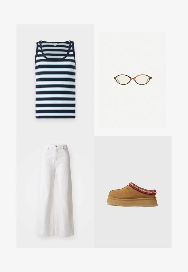 Pulover tricotat gros, cu dungi orizontale late în albastru marin și alb, guler rotund și manșete și tiv din tricot cu crem.; Top cu dungi în nuanțe de bleumarin și albastru deschis. Are o textură ribbitată, decolteu rotund și bretele late.; Jeans albe cu picioare largi, confecționate din denim, având talie înaltă, închidere frontală cu nasture și buzunare laterale. Țesătură texturată cu cusături vizibile.; Pantof brown din suede, tip slip-on, cu bordură modelată în roșu și crem, talpă texturată și logo UGG pe lateral. Prezintă o ușoară înălțime a platformei.; Ochelari cu ramă din tartan, cu lentile ovale și un finisaj elegant, neted. Prezintă margini subțiri cu o curbură subtilă la tâmple. Lentile clare.