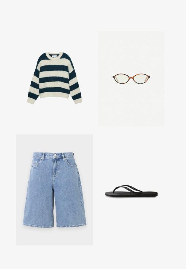 Hřejivý svetr s hrubým pletením, širokými horizontálními navy modrými a bílými pruhy, kulatým výstřihem a žebrovanými manžetami a dolním lemem.; Světle modré denimové šortky volného střihu, s vysokým pasem, předními kapsami a dvojnásobně prošitým lemem. Hladká textura s klasickým designem.; Černé žabky s texturovanou gumovou podrážkou, dvěma štíhlými popruhy a jemným, embosovaným logem na popruhu.; Želvovinové brýle s oválnými čočkami a hladkým, jemným povrchem. Má tenké bočnice s jemným zakřivením v chrámcích. Čiré čočky.