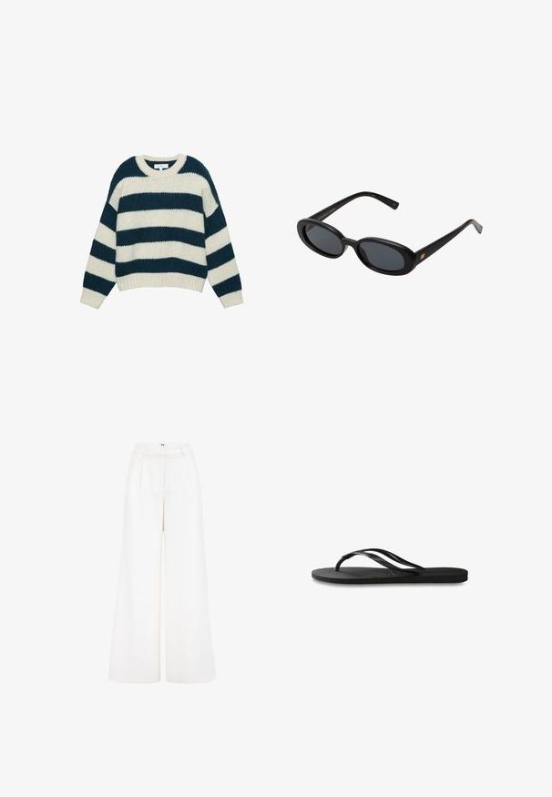 Gruby sweter robiony na drutach z szerokimi poziomymi pasami w kolorze granatowym i białym, okrągły dekolt oraz ściągacze przy mankietach i dolnej części.; Szerokie spodnie wykonane z lekkiego materiału, w czystym białym kolorze, z wysokim stanem i zaprasowaną przednią częścią dla dodatkowego detalu.; Czarne klapki z teksturowaną gumową podeszwą, dwiema smukłymi paskami oraz subtelnym, wytłoczonym logo na pasku.; Czarne, oversize okulary przeciwsłoneczne z owalnymi soczewkami, gładkim plastikowym mostkiem i złotymi akcentami na zausznikach. Ciemne soczewki zapewniają ochronę przed słońcem.; Granatowa skórzana torba na ramię z odczepianym paskiem, srebrnymi zapięciami i subtelnym pionowym detalem z logo na środkowej części przodu.