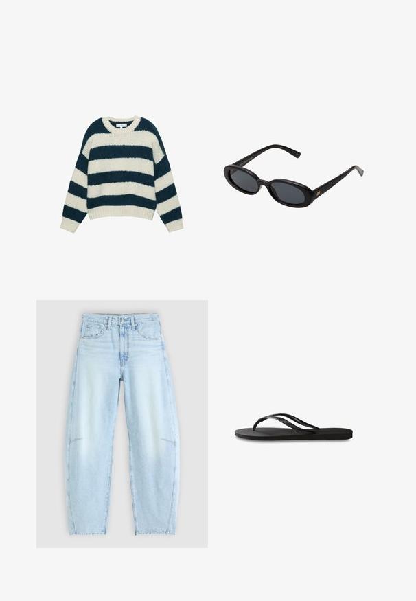 Gruby sweter robiony na drutach z szerokimi poziomymi pasami w kolorze granatowym i białym, okrągły dekolt oraz ściągacze przy mankietach i dolnej części.; Jasnoniebieskie dżinsy o luźnym kroju, z wysokim stanem, pięcioma kieszeniami oraz delikatnym efektem wyblaknięcia i postrzępionymi detalami na końcach.; Czarne klapki z teksturowaną gumową podeszwą, dwiema smukłymi paskami oraz subtelnym, wytłoczonym logo na pasku.; Czarne, oversize okulary przeciwsłoneczne z owalnymi soczewkami, gładkim plastikowym mostkiem i złotymi akcentami na zausznikach. Ciemne soczewki zapewniają ochronę przed słońcem.; Granatowa skórzana torba na ramię z odczepianym paskiem, srebrnymi zapięciami i subtelnym pionowym detalem z logo na środkowej części przodu.