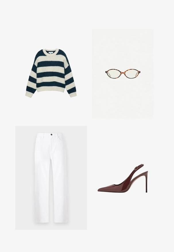 Hřejivý svetr s hrubým pletením, širokými horizontálními navy modrými a bílými pruhy, kulatým výstřihem a žebrovanými manžetami a dolním lemem.; Bílé široké džíny vyrobené z denimu, s knoflíkovým zapínáním, předními kapsami a čistým designem bez viditelných vzorů nebo akcentů.; Tmavě hnědá lakovaná kožená lodička na vysokém podpatku se špičatou špičkou, nastavitelným popruhem a štíhlým jehlovým podpatkem.; Želvovinové brýle s oválnými čočkami a hladkým, jemným povrchem. Má tenké bočnice s jemným zakřivením v chrámcích. Čiré čočky.