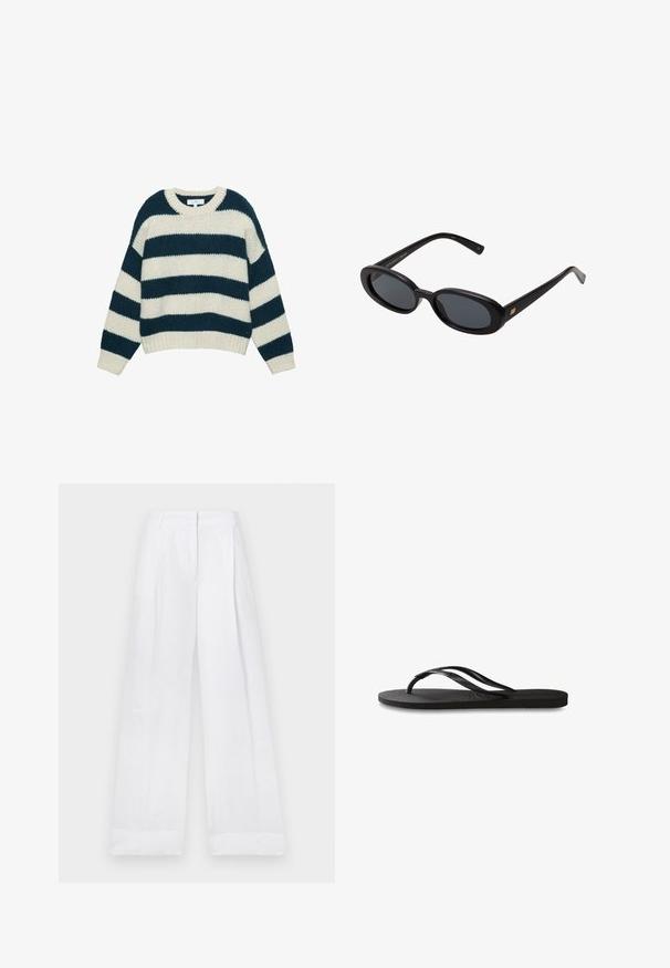 Kuscheliger Strickpullover mit breiten horizontalen navyblauen und weißen Streifen, Rundhalsausschnitt sowie gerippten Bündchen und Saum.; Weiße Leinenhose mit lockerer Passform, hoher Taille, geraden Beinen und ohne sichtbare Muster oder Beschläge. Glatte Textur.; Schwarze Flip-Flops mit einer strukturierten Gummisohle, zwei schlanken Riemen und einem dezenten, geprägten Logo-Detail auf dem Riemen.; Schwarze, oversized Sonnenbrillen mit ovalen Gläsern, glattem Kunststoffrahmen und goldenen Akzenten an den Bügeln. Die dunklen Gläser bieten Sonnenschutz.; Dunkelblaues Leder-Crossbody-Bag mit abnehmbarem Schultergurt, silbernen Verschlüssen und dezentem vertikalem Logo-Detail in der Mitte vorne.