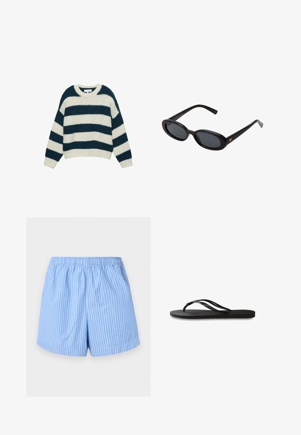 Maglione grosso a maglia con ampie righe orizzontali blu navy e bianche, colletto a girocollo e polsini e orlo a coste.; Pantaloni corti azzurri con strisce verticali bianche, vita elastica, lunghezza a metà coscia e una morbida texture in cotone.; Infradito neri con suola in gomma testurizzata, due cinghie sottili e un sottile dettaglio del logo impresso sulla cinghia.; Occhiali da sole neri oversize con lenti ovali, montatura in plastica liscia e accenti dorati sulle tempie. Le lenti scure offrono protezione dal sole.; Borsa a spalla in pelle blu scuro con tracolla rimovibile, chiusure in argento e discreto dettaglio del logo verticale al centro anteriore.