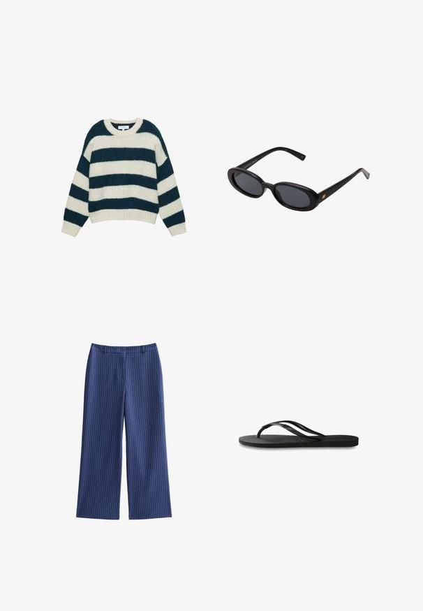 Chunky gebreide trui met brede horizontale navy-blauwe en witte strepen, ronde hals, en ribgebreide manchetten en zoom.; Marineblauwe wijde broek met verticale witte streepjes, met een platte tailleband en een soepele textuur, gemaakt van een lichtgewicht stof.; Zwarte flip-flop met een gestructureerde rubberen zool, twee slanke banden en een subtiele, ingedrukte logo-detail op de band.; Zwarte oversized zonnebril met ovale lenzen, een glad plastic montuur en gouden accenten op de pootjes. Donkere lenzen bieden bescherming tegen de zon.; Donkerblauwe leren schoudertas met afneembare schouderband, zilveren sluitingen en subtiele verticale logo-detalering in het midden vooraan.