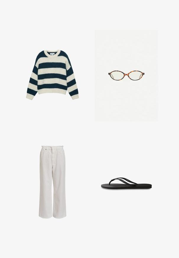 Hlavný sveter s hrubým pletením, široké horizontálne pruhy námorníckej modrej a bielej farby, okrúhly výstrih a rebrované manžety a spodný lem.; Biele voľné nohavice s volánovým pásom, predné vrecká a hladký, jemný povrch. Vyrobené z ľahkej bavlnenej tkaniny.; Čierne žabky s textúrovanou gumovou podrážkou, dvoma štíhlymi popruhmi a diskrétnym embosovaným logom na popruhu.; Korytnačkové okuliare s oválnymi šošovkami a hladkým, lesklým povrchom. Majú tenké strany s jemným zakrivením na spánkoch. Priehľadné šošovky.