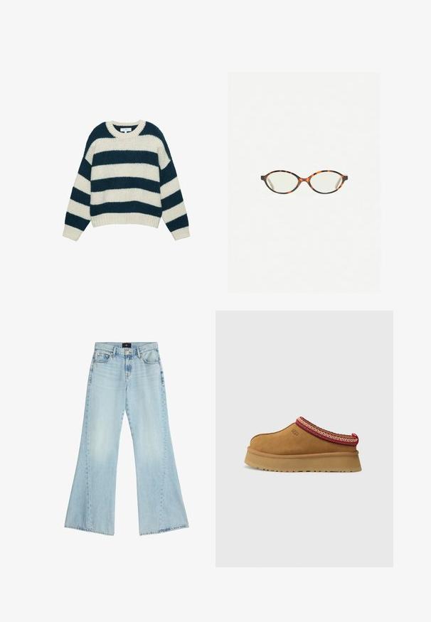 Chunky striktrøje med brede vandrette navyblå og hvide striber, rund halsudskæring og ribbede manchetter og kant.; Lysblå vide jeans lavet af denim. Høj talje med fem-lomme design og rå kant. Bleg vask med subtile slidser og syningsdetaljer.; Brune ruskinds slip-on sko med røde og cremefarvede mønstrede kanter, tekstureret sål og UGG-logo på siden. Har en let platformhøjde.; Skildpaddebriller med ovale linser og en elegant, glat finish. Har tynde sider med en subtil kurve ved tindingerne. Klare linser.; Rød læder skuldertaske med et buet design, glat tekstur og lynlåslukning. Den har et tyndt håndtag til at bære.