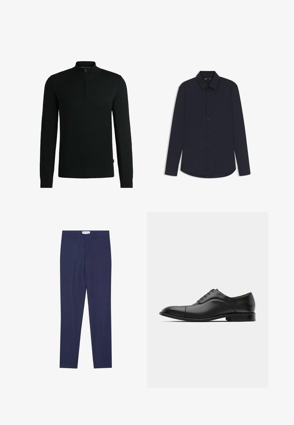 Zwarte gebreide pullover met een hoge kraag en een halve rits, voorzien van lange mouwen en een aansluitende zoom. Eenvoudige en gladde textuur.; Marineblauwe overhemd met lange mouwen, gemaakt van gladde stof met een gestructureerde kraag, voorzien van donkere knopen en een gebogen zoom.; Marineblauwe dresspants van gladde stof, met een flat front, twee zijzakken, een ritsgulp en een schone zoom zonder patronen of accenten.; Zwarte leren jurk schoen met een gladde textuur, ronde neus en vijf veterogen. Beschikt over een lage gestapelde hak en subtiele naaddetails.