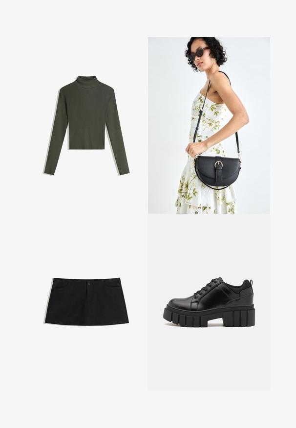 Olijfgroene geribde coltrui met lange mouwen en een cropped zoom. Getextureerde stof verhoogt de visuele aantrekkingskracht en pasvorm.; Zwarte, knielange rok van zacht materiaal. Beschikt over twee voorzakken en een enkele knoopsluiting op de taille.; Zwarte leren platform schoenen met een stevige blokhak, ronde neus en een traditionele vetersluiting. Kenmerkt zich door een gladde textuur en minimale details.; Zwarte leren handtas met een gebogen vorm, afneembare schouderband en gouden hardware. De tas heeft een klep met een gespsluiting.