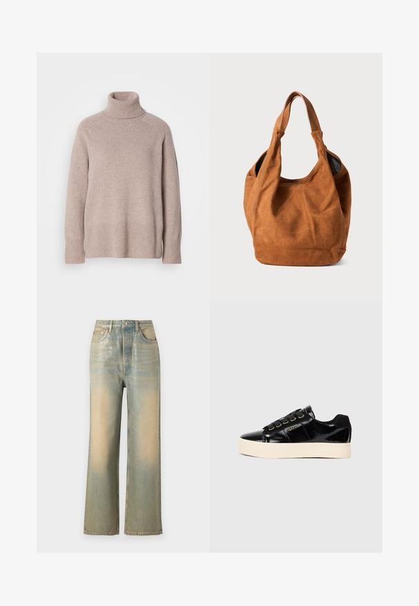 Svetlo béžový pletený vlnený rolák s dlhými rukávmi a rebrovanými manžetami a lemom na jednofarebnom bielom pozadí.; Džínsy s širokými nohavicami v vyblednutom modrom a krémovom praní, s klasickým dizajnom piatich vreciek a minimálnymi detailmi šitia.; Čierne patentové kožené tenisky s plochou krémovou podrážkou. Obsahujú čierne šnúrky, zlaté očká a detail loga na boku. Dizajn s okrúhlou špičkou.; Hnedá semišová kabelka cez rameno s jemnou textúrou, zakriveným tvarom a dvoma ušami. Vyznačuje sa minimalistickým dizajnom bez viditeľného hardvéru či akcentov.