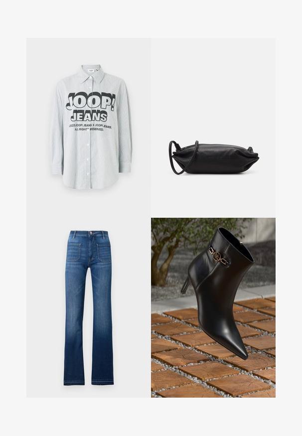 Pulover gri tricotat, cu un model alternant de text „JOOP! JEANS” în dungi negre și roșii, cu guler rotund și manșete riburate.; Cămașă cu dungi, cu nasturi, dintr-un material bleu deschis și alb. Prezintă un logo negru îndrăzneț „JOOP! JEANS” pe partea din față, cu mâneci lungi.; Jeans din denim albastru, cu talie evazată, design cu cinci buzunare, închidere cu nasture și cusături vizibile de-a lungul cusăturilor, având o finisare ușor decolorată.; Botine negre din piele, cu vârf ascuțit și tocul mic. Prezintă un accent din lanț auriu la gleznă. Încadrate de o suprafață texturată din piatră.; Geantă de mână din piele neagră, cu o formă rectanguală, textură netedă, curea subțire pentru umăr și design minimalist.