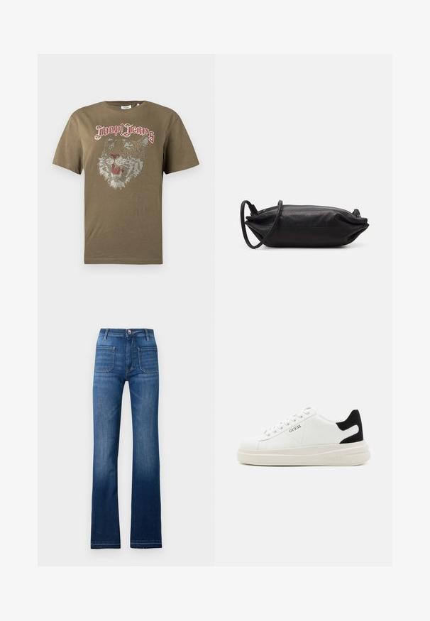 Hall hallist kootud džemprit, millel on musta ja punase triipude vahelduv muster "JOOP! JEANS" tekstiga ning soonikuga ümara kaelusega ja varrukasäärtega.; Olive rohelise lühikeste varrukatega T-särk, millel on eeslitest kivikestega tiigri nägu kujutis ja ees punase gooti kirjatüübiga tekst "Joop! Jeans".; Sinine denim materjalist laienevad teksad, millel on viis taskut, nupuga kinnitamine ja nähtavad õmblused, mis annavad veidi pleekinud ilme.; Valged nahast tennisetossud paksu valge tallaga, musta sametist kontsakeeuga ja külje peal riigilogo reljeefne kujundus. Lukkeskeem kuue silmaauguga.; Musthave musta nahkklamber, millel on ristkülikukujuline kuju, sile tekstuur, õhuke õlavarre rihm ja minimalistlik disain.