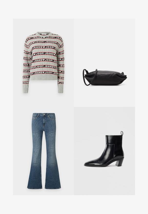 Sivi pleteni pulover z vzorcem izmenjujočih se napisov "JOOP! JEANS" v črnih in rdečih črtah, z rebrastim okroglim izrezom in manšetami.; Modre razširjene kavbojke z vzorcem ponavljajočega se logotipa "JOOP! JEANS" po celotni površini in klasičnim stilom s petimi žepi.; Črne usnjene gležnjarje s koničastim prstom, geometrijsko oblikovanim zloženim peto in zanko na hrbtni strani. Gladka tekstura in eleganten dizajn.; Črna usnjena torbica v obliki pravokotnika, gladke teksture, s tankim naramnicom in minimalističnim dizajnom.