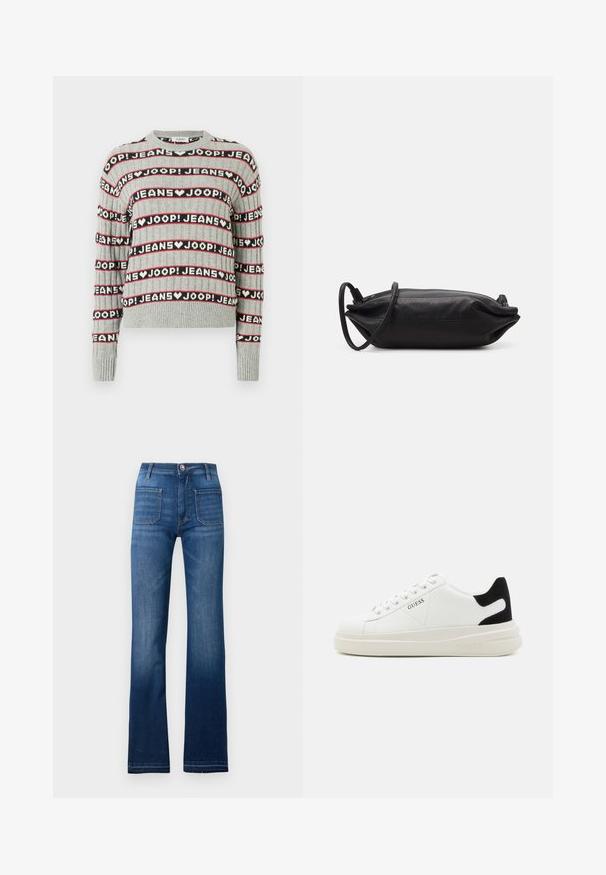 Pulover gri tricotat, cu un model alternant de text „JOOP! JEANS” în dungi negre și roșii, cu guler rotund și manșete riburate.; Jeans din denim albastru, cu talie evazată, design cu cinci buzunare, închidere cu nasture și cusături vizibile de-a lungul cusăturilor, având o finisare ușor decolorată.; Adidași din piele albă cu o talpă groasă albă, accent de călcâi din suede negru și logo embosat pe lateral. Design cu șireturi și șase orificii.; Geantă de mână din piele neagră, cu o formă rectanguală, textură netedă, curea subțire pentru umăr și design minimalist.