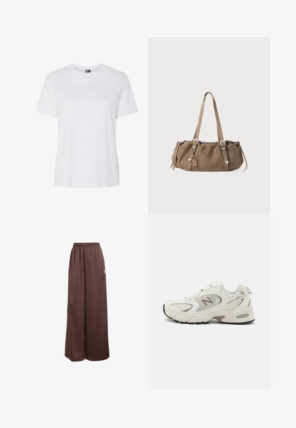 Beige cable-knit sweater with a round neck, featuring textured diamond patterns and ribbed cuffs and hem. Cozy and chunky knit design.; White cotton T-shirt with short sleeves and a crew neckline. Smooth texture, relaxed fit, and no visible patterns or accents.; adidas Originals Tracksuit bottoms - auburn cream white; White mesh running shoe with gray accents, rounded toe, lace-up design, cushioned sole, and a prominent "N" logo on the side.; Brown suede handbag with a gathered top, silver hardware accents, and two shoulder straps. Features a rectangular shape and minimal design.