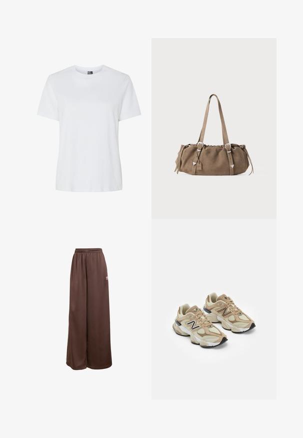 Beige kábelmintás pulóver kerek nyakkal, texturált gyémántmintákkal és bordás mandzsettákkal és aljjal. Kellemes és vastag kötésű dizájn.; Fehér pamut póló rövid ujjakkal és kerek nyakkivágással. Simább textúra, laza szabás, és nincsenek látható minták vagy díszítések.; adidas Originals Tréningruha alsók - auburn cream white; Beige sportcipők hálós és bőrszövet anyagból. Fekete logóval és texturált részletekkel rendelkezik. Vastag fehér középtalpa és fekete gumi talpa van.; Barna velúr kézitáska ráncolt tetejével, ezüst színű fém kiegészítőkkel és két vállpánttal. Téglalap alakú és minimalista dizájn jellemzi.