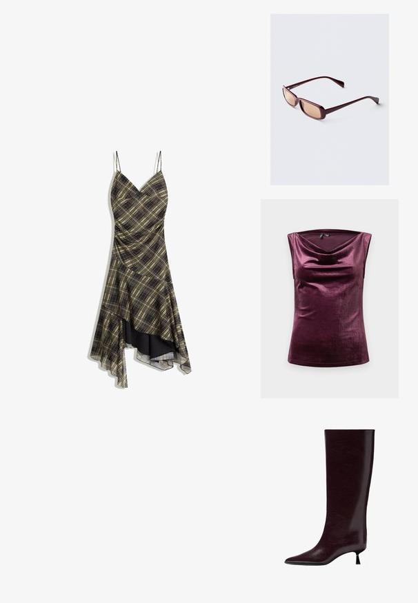 Mörkgrön, texturerad tröja med rundad halsringning och långa ärmar; mjukt garn med en lurvig känsla, kortad passform.; Satinfinishad, ärmlös topp i djup burgund med en draperad halsringning och slät yta. Enkel design utan synliga mönster eller detaljer.; Svart och gul rutmönstrad klänning med spaghettiaxlar, V-ringning och asymmetrisk nederkant, med en genomskinlig överdel och samlad textur.; Knähöga bourgogne läderstövel med en slät, texturerad yta, spetsig tå och en tunn, staplad klack för extra höjd.; Burgundy solglasögon med rektangulära bågar, gradientlinser och slanka armar. Materialet har en slät, glansig yta.; Brun läderväska, böjd form, enkel handtag, dragkedjestängning, texturerad yta med lätt glans. Kompakt och minimalistisk design.