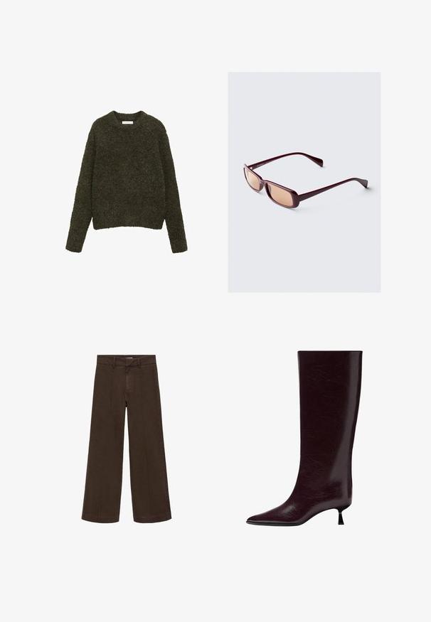 Dark green, textured sweater with a crew neckline and long sleeves; soft yarn with a fuzzy appearance, cropped fit.; Brown wide-leg pants made of cotton fabric. Features a high waist, zipper fly, and subtle front seam detailing. No visible pockets.; Knee-high burgundy leather boot with a sleek, textured finish, pointed toe, and a thin, stacked heel for added elevation.; Burgundy sunglasses with rectangular frames, gradient lenses, and sleek arms. The material has a smooth, glossy finish.; Brown leather bag, curved shape, single handle, zip closure, textured surface with slight sheen. Compact and minimalistic design.