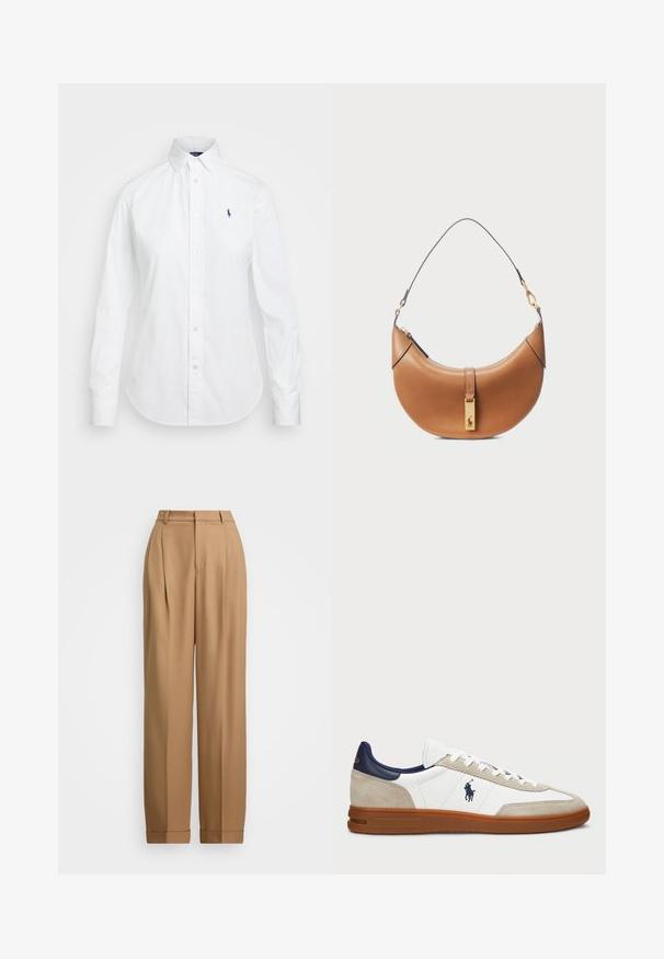 Sweater rosa claro em tricot com padrão canelado, destacando um decote redondo, punhos e bainha em canelado. Inclui um pequeno logótipo bordado no peito.; Camisa branca de botão com colarinho pontiagudo, mangas longas e um pequeno logótipo azul no lado esquerdo do peito. Confeccionada em tecido de algodão.; Calças beige ajustadas com cintura alta, frente plissada, pernas afinadas e bainhas dobradas. Tecido suave com uma textura refinada.; Sapatilhas brancas e bege com um cabedal em camurça e pele, detalhes em azul-marinho e uma sola em borracha castanha. Apresenta o logótipo na lateral e um design com atacadores.; Bolsa de couro castanho-claro com um formato curvado, detalhes em ouro e uma alça de ombro fina. Apresenta um fecho de zipper e um detalhe de logótipo na parte frontal.