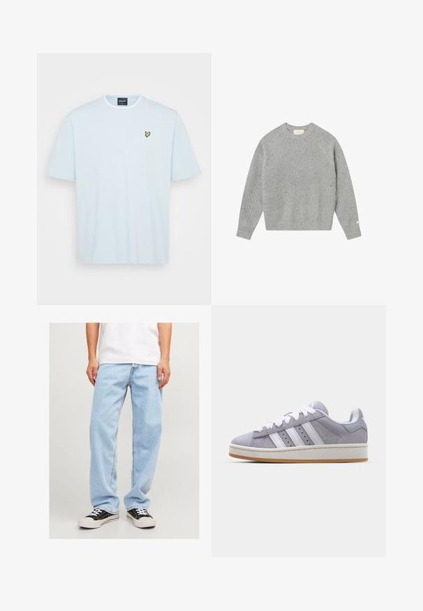 Suéter gris de punto con textura acanalada, mangas raglán y cuello redondo. Presenta sutiles motas y una pequeña etiqueta en la manga.; Camiseta de algodón azul claro con cuello redondo y mangas cortas. Presenta un pequeño logo de mariposa amarilla en el lado izquierdo del pecho.; Jeans de mezclilla azul claro con un ajuste relajado, que presentan un diseño de pierna recta y costuras estándar, combinados con zapatillas negras.; Zapatillas de ante gris con rayas blancas, punta redonda y suela de goma. Presentan perforaciones en el lateral y una lengüeta texturizada en el talón.
