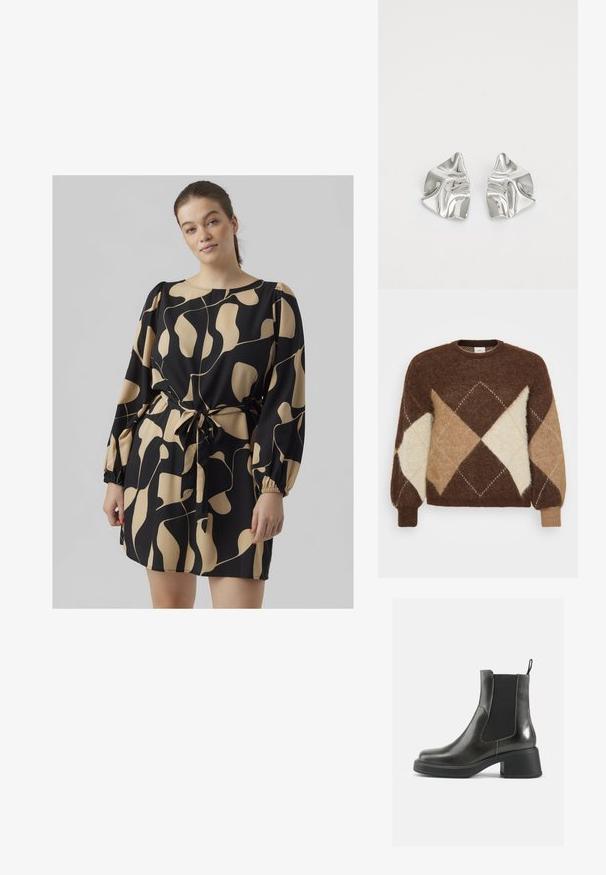 Hnedý mohair sveter s diamantovým vzorom v béžových, hnedých a krémových odtieňoch. Okrúhly výstrih a rebrované manžety, mäkká textúra.; Čierne šaty s abstraktným krémovým vzorom, dlhými puff rukávmi, viazaním v páse a okrúhlym výstrihom; ľahká tkanina s textúrovaným povrchom.; Čierne kožené členkové čižmy s hladkým povrchom, elastickými bočnými panelmi a masívnym opätkom. Obsahujú úchyt na jednoduchšie obúvanie.; Strieborné kovové náušnice s vlnitým, sochárskym dizajnom, s lešteným povrchom a nepravidelnými tvarmi, ktoré zvýrazňujú súčasnú estetiku.