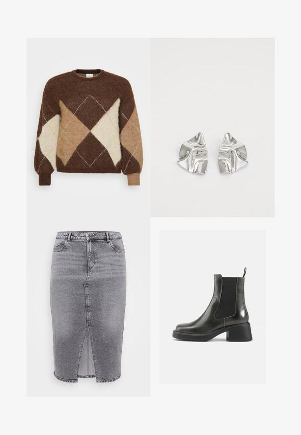 Smeđi moher džemper sa dijamantnim uzorkom u bež, smeškastoj i krem boji. Okrogli izrez i rebraste manžetne, mekana tekstura.; Siva traper suknja s visokim strukom, prednjim prorezom i klasičnim dizajnom s pet džepova. Tkanina ima glatku, malo teksturiranu površinu.; Crne kožne gležnjače s glatkom završnom obradom, elastičnim bočnim panelima i debelim potplatom. Imaju kuku za lakše obuvanje.; Srebrne metalne naušnice s valovitim, skulpturalnim dizajnom, naglašenim sjajnom završnom obradom i nepravilnim oblicima, što ističe suvremeni estetski izraz.