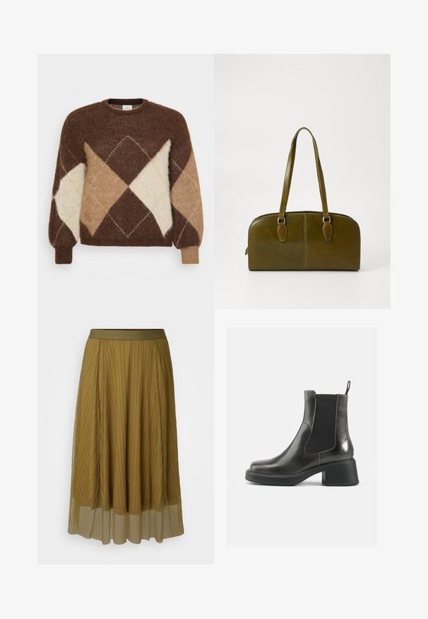 Brūns mohēra džemperis ar dimanta rakstu bēšā, brūnā un krēmkrāsā. Apaļš kakls un ribota piedurkne, maiga tekstūra.; Gariņš olīvu zaļas krāsas svārki ar vienkrāsainu jostu un caurspīdīgu apakšējo slāni. Visā garumā ir vertikālas krokas.; Melni ādas potītes zābaki ar gludu apdari, elastīgu sānu paneļu un masīvu papēdi. Aprīkoti ar cilpu, kas atvieglo uzvilkšanu.; Olive zaļš ādas rokassomu ar noapaļotu formu, divām rokturiem un bezšuvju priekšpusi. Iezīmējas ar gludu tekstūru un smalkiem šuvju akcentiem.; Sudraba metāla auskari ar viļņainu, skulpturālu dizainu, kas izceļas ar pulētu apdari un neregulārām formām, uzsverot mūsdienīgu estētiku.