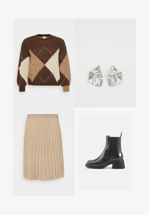 Brun mohair-genser med et diamantmønster i beige, brunt og krem. Rund hals og ribbestrikkede mansjetter, myk tekstur.; Beige plissert skjørt med flat midjebånd. Stoffet er glatt, med vertikale folder og en kant med scallop-mønster. Elegant og enkelt design.; Sorte ankelstøvler i svart lær med glatt overflate, elastiske sidepaneler og en kraftig hæl. Har en løftestrop for enklere påkledning.; Sølvmetall øredobber med et bølgete, skulpturelt design, preget av en polert finish og uregelmessige former, som fremhever en moderne estetikk.