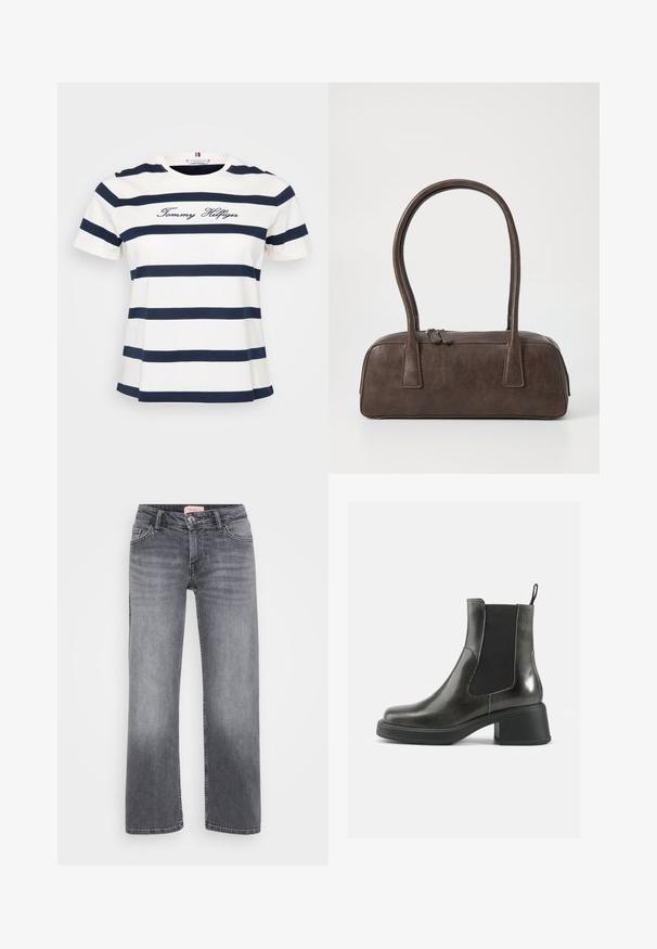 Rjav mohair pulover z diamantnim vzorcem v bež, svetlo rjavi in krem barvi. Okroglo izrezan ovratnik in rebrasti manšeti, mehak na otip.; Bela majica s mornarsko modrimi horizontallnimi črtami, krožno izrezano dekoltejem, kratkimi rokavi in "Tommy Hilfiger" vezeno v pisavi na sprednji strani.; Sivi traper hlače s ravnim krojem, pet žepov, rahlo zbledelo in z gumbom za zapiranje pri pasu.; Črne usnjene gležnjarje z gladko površino, elastičnimi stranskimi paneli in masivnim petami. Imajo praktično zanko za lažje obuvanje.; Rjava usnjena torbica z dvema trdnima ročkama, pravokotne oblike, gladke teksture in zadrgo. Minimalističen dizajn brez vidnih vzorcev.; Srebrni kovinski uhani z valovitim, skulpturalnim dizajnom, ki se ponašajo s poliranim zaključkom in nerednimi oblikami, kar poudarja sodobno estetiko.
