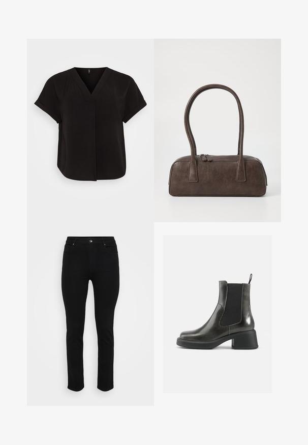 Hnědý mohair svetr s diamantovým vzorem v béžové, tělové a smetanové barvě. Kulatý výstřih a ribbové manžety, jemná textura.; Černá krátká blůza s výstřihem do V, vyrobená z lehké texturované tkaniny, s volným střihem a kříženým předním designem.; Černé džíny z denimu s úzkým střihem, designem pěti kapes, předním zapínáním na knoflík a mírným strečovým efektem pro pohodlí. Hladký, plochý povrch s minimálním zdobením.; Černé kožené kotníkové boty s hladkým povrchem, elastickými bočními panely a masivním podpatkem. Obsahují poutko pro snadnější nazouvání.; Hnědá kožená kabelka s dvěma pevnými uchy, obdélníkový tvar, hladká textura a zipové zavírání. Minimalistický design bez viditelných vzorů.; Stříbrné kovové náušnice s vlnitým, sochařským designem s leštěným povrchem a nepravidelnými tvary, které zdůrazňují moderní estetiku.