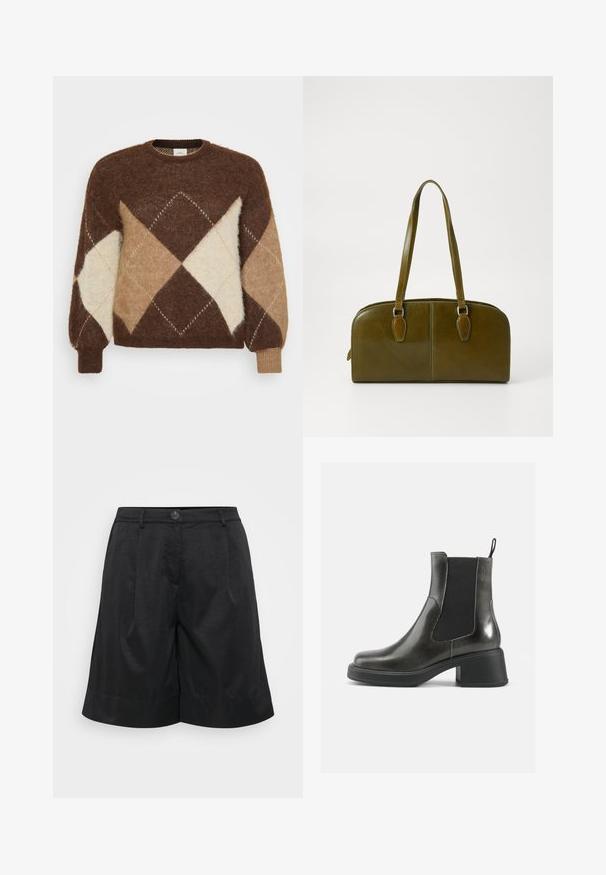 Rjav mohair pulover z diamantnim vzorcem v bež, svetlo rjavi in krem barvi. Okroglo izrezan ovratnik in rebrasti manšeti, mehak na otip.; Črne kratke hlače z teksturirano tkanino, s sprednjim gumbom, naborki, obrubljenim robom in stranskimi žepi.; Črne usnjene gležnjarje z gladko površino, elastičnimi stranskimi paneli in masivnim petami. Imajo praktično zanko za lažje obuvanje.; Olive zelena usnjena torba v zaokroženi obliki, z dvojnimi ročaji in brezšivnim sprednjim delom. Ima gladko teksturo in subtilne šive.; Srebrni kovinski uhani z valovitim, skulpturalnim dizajnom, ki se ponašajo s poliranim zaključkom in nerednimi oblikami, kar poudarja sodobno estetiko.
