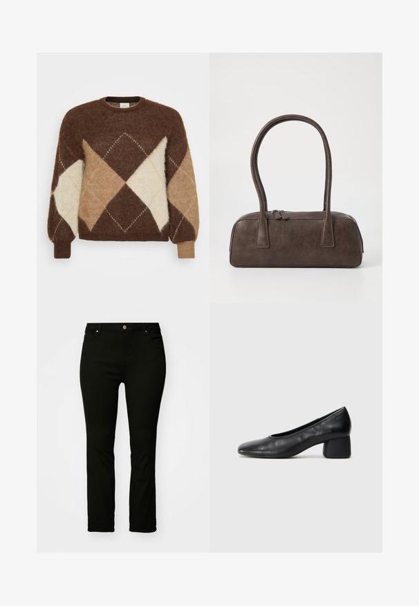 Bruine mohair trui met een diamantpatroon in beige, tan en room. Rond de hals en met geribde manchetten, zachte textuur.; Zwarte denim jeans met een recht gesneden pasvorm, vijf zakken, metalen knoop en subtiele stiksels. Glad materiaal, veelzijdige stijl.; Zwarte leren pump met een ronde neus en een middenblokhak. Glad textuur met minimale details, voorzien van een subtiele elastische opening.; Bruine leren handtas met twee stevige handvatten, rechthoekige vorm, gladde textuur en ritssluiting. Minimalistisch ontwerp zonder zichtbare patronen.; Zilveren metalen oorbellen met een golvend, sculpturaal ontwerp, voorzien van een gepolijste afwerking en onregelmatige vormen, die een hedendaagse esthetiek benadrukken.