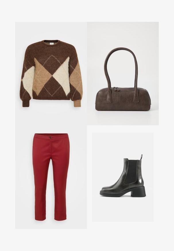 Brun mohair-genser med et diamantmønster i beige, brunt og krem. Rund hals og ribbestrikkede mansjetter, myk tekstur.; Røde skreddersydde bukser med glatt stoff, med frontlukking og rette ben, designet for en tettsittende silhuett.; Sorte ankelstøvler i svart lær med glatt overflate, elastiske sidepaneler og en kraftig hæl. Har en løftestrop for enklere påkledning.; Brun lærveske med to robuste håndtak, rektangulær form, jevn tekstur og glidelås. Minimalistisk design uten synlige mønstre.; Sølvmetall øredobber med et bølgete, skulpturelt design, preget av en polert finish og uregelmessige former, som fremhever en moderne estetikk.