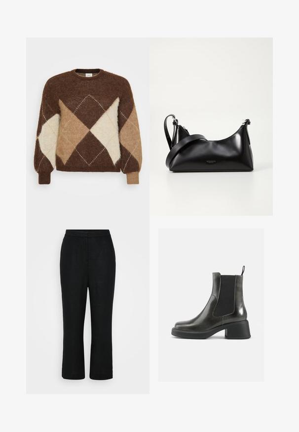 Bruine mohair trui met een diamantpatroon in beige, tan en room. Rond de hals en met geribde manchetten, zachte textuur.; Zwarte linnen broek met een rechte snit, middelhoge tailleband en cropped lengte, met een gladde textuur en zonder zichtbare sluitingen.; Zwarte leren enkellaarzen met een gladde afwerking, elastische zijpanelen en een zware hak. Voorzien van een lus voor gemakkelijker aan- en uittrekken.; Zwarte leren handtas met een gladde textuur. Beschikt over een verstelbare schouderband en een strak, minimalistisch ontwerp met een ritssluiting.; Zilveren metalen oorbellen met een golvend, sculpturaal ontwerp, voorzien van een gepolijste afwerking en onregelmatige vormen, die een hedendaagse esthetiek benadrukken.