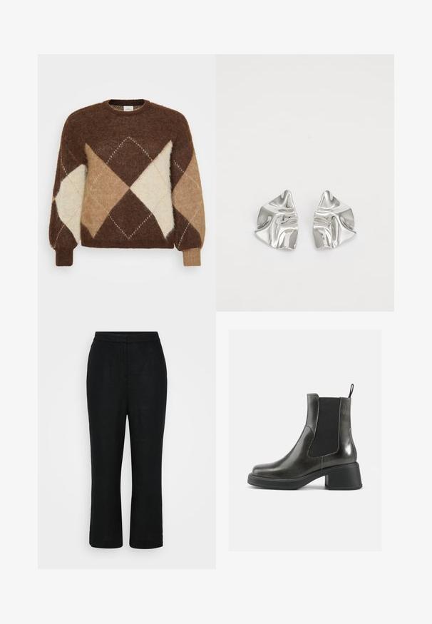 Brun mohair-genser med et diamantmønster i beige, brunt og krem. Rund hals og ribbestrikkede mansjetter, myk tekstur.; Sorte linbukser med rett snitt, midjehøyde og cropped lengde, med en glatt tekstur og uten synlige lukkinger.; Sorte ankelstøvler i svart lær med glatt overflate, elastiske sidepaneler og en kraftig hæl. Har en løftestrop for enklere påkledning.; Sølvmetall øredobber med et bølgete, skulpturelt design, preget av en polert finish og uregelmessige former, som fremhever en moderne estetikk.