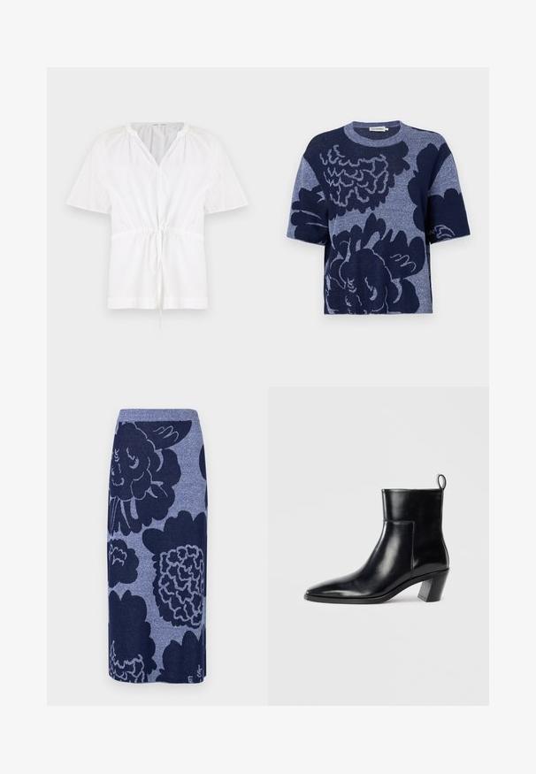 Tricou boxy tricotat, de culoare albastru marin, cu un model floral supradimensionat, mâneci scurte, decolteu rotund și textură moale.; Pulover alb cu decolteu în V și mâneci scurte. Caracteristici: material din bumbac ușor, talie cu șnur și accente texturate pe umeri.; Fustă tricotată cu modele florale mari în nuanțe de albastru închis și albastru deschis. Formă dreaptă cu un elastic ribanat la talie. Textură moale.; Cizme negre din piele până la gleznă, cu vârful ascuțit, toc geometric patrulat și un manșon pentru tragere în spate. Textură netedă și design elegant.