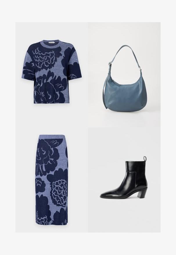 Navy kék, boxy fazonú kötött póló, nagyméretű virágmintával, rövid ujjal, kerek nyakkivágással és puha textúrával.; Kötött szoknya nagy virágmintákkal sötétkék és világoskék árnyalatokban. Egyenes fazon, bordás derékkal. Puha tapintás.; Fekete bőr bokacsizma hegyes orral, geometrikus, rétegelt sarokkal és hátsó húzófüllel. Sima textúra és kifinomult dizájn.; Kerekded formájú, kék bőr kézitáska, egyetlen vállpánttal, cipzárral záródik, az elülső részen domborított márkanevével. Simák a textúrája.