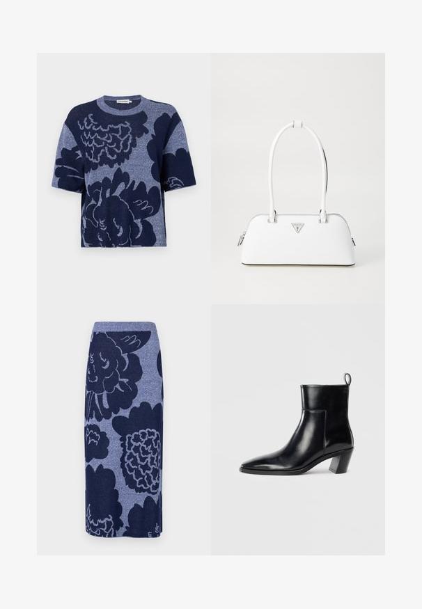 Tricou boxy tricotat, de culoare albastru marin, cu un model floral supradimensionat, mâneci scurte, decolteu rotund și textură moale.; Fustă tricotată cu modele florale mari în nuanțe de albastru închis și albastru deschis. Formă dreaptă cu un elastic ribanat la talie. Textură moale.; Cizme negre din piele până la gleznă, cu vârful ascuțit, toc geometric patrulat și un manșon pentru tragere în spate. Textură netedă și design elegant.; Geantă de mână din piele albă, cu o formă curbată, prezentând un logo triunghiular argintiu și închidere cu fermoar. Textură netedă și mânere duble.