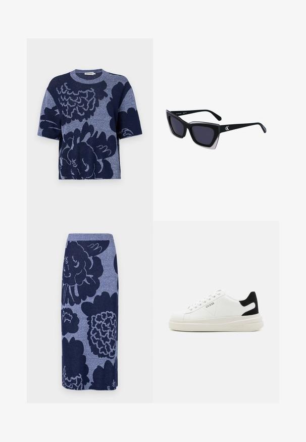 Pleteni boxy majica v mornarsko modri barvi z velikim cvetličnim vzorcem, kratkimi rokavi, okroglim izrezom in mehko teksturo.; Pletena krilna obleka z velikimi cvetličnimi motivi v temno modrih in svetlejših modrih odtenkih. Ravna oblika z rebrastim pasom. Mehka tekstura.; Bele usnjene športne copate z debelim belim podplatom, črnimi semišnimi detajli na peti in utisnjenim logotipom na strani. Zavezovanje s šestimi luknjicami.; Črne prevelike sončne očala geometrijske oblike, z temnimi lečami in kontrastno sivo podrobnostjo na okvirju. Logo na ročaju.
