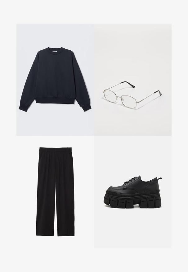 Mørk marineblå genser i bomullsblanding, med rund hals, senkede skuldre, ribbede mansjetter og elastisk kant. Minimalistisk design.; Svarte vide bukser med plisserte detaljer foran, sidelommer, og en glatt tekstur. Designet for en avslappet passform.; Buffalo GOSPHER LACE UP - Snøresko - black; Metallbriller med oval ramme, sølvfargede kanter og klare linser. Slanke, rette armer med svarte tips, minimalistisk design.