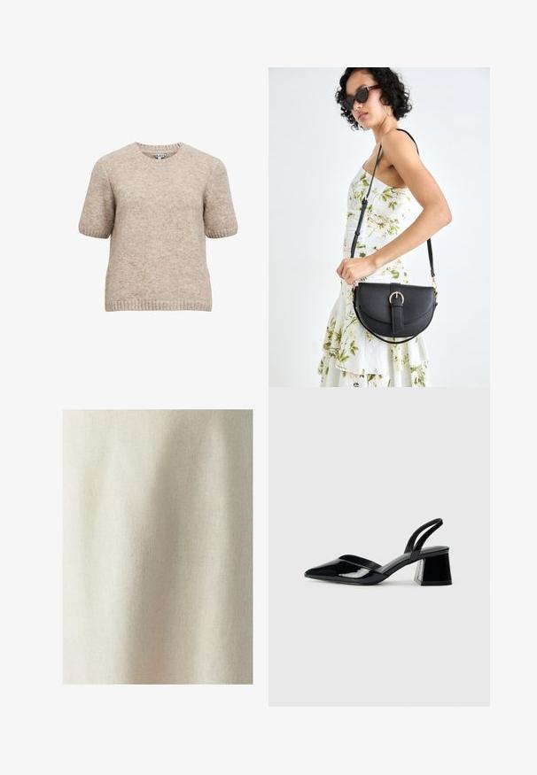 Beige krēmkrāsa īsām piedurknēm džemperis no mīkstas, teksturētas audums ar apaļu kakla izgriezumu un brīvu piegriezumu, ar ribotām piedurknēm un apakšmalu.; Gaiši bežs audums ar smalku tekstūru un vienmērīgu aušanu, kas rāda maigas krokas un locījumus, piemērots dažādām tekstila izmantošanas iespējām.; Melna lakota āda ar atvērto papēdi, ar smailu purngalu un ģeometrisku blokpapēdi. Iezīmējas elegants, minimāls dizains un gluda tekstūra.; Melnas ādas rokassoma ar izliekta formu, noņemamu siksnu un zelta aksesuāriem. Somai ir vāciņš ar sprādzes detaļu.