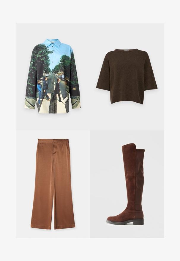 Filippa K TEE - Maglione - driftwood; Alice + Olivia FINELY LONG SHIRT - Camicia - multi coloured; Pantaloni a gamba larga marroni in satin, con tasche laterali, una texture liscia e una vita sagomata per una vestibilità strutturata.; Stivale alto in suede marrone e tessuto con tacco nero basso e punta arrotondata, mostrato in vista laterale su sfondo bianco puro.
