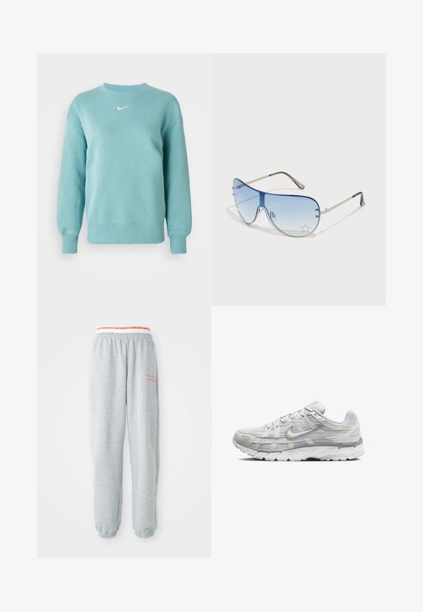 Šviesiai mėlynas ilgas rankovėmis megztinis su apvaliu kaklu, turintis baniškus rankogalius ir juosmenį, su mažuoju baltu Nike swoosh logotipu krūtinės viduryje.; Pilkos sportinės kelnės su elastiniu juosmeniu, ant kurio matomas raudonas ir baltas Nike logotipas. Kelnės turi tamprias apyrankes ties kulkšnimis, yra pagamintos iš minkštos medžiagos ir turi laisvą siluetą.; Šviesiai pilki sportiniai batai su tinkline ir sintetine viršutine dalimi, turintys raištelių užsegimą, paminkštintą apykaklę ir tekstūruotą padą geresnei sukibimo kokybei.; Aviatoriai akiniai su gradientiniais mėlynais objektyvais, sidabriniu metaliniu rėmu ir dekoratyvinėmis žvaigždžių akcentais ant objektyvų. Lygaus ir stilingo dizaino.