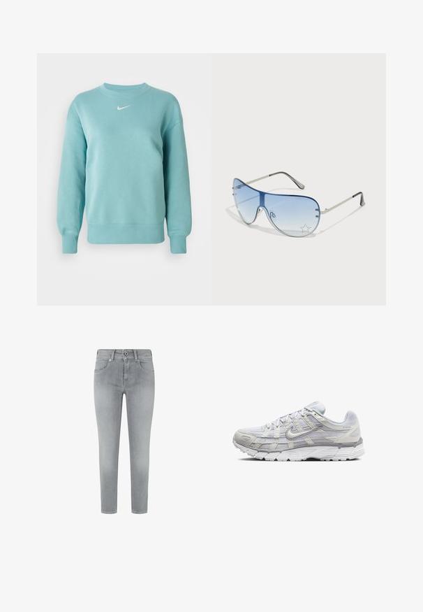 Svijetloplava dukserica dugih rukava s okruglim izrezom, s rebrastim manžetama i rubom, s malo bijelim Nike swoosh logom na sredini prsnog dijela.; Sive temno modre jeans hlače s prilegnjenim krojem, ki imajo pet žepov in standarden pas. Gladka tekstura brez vidnih okrasnih elementov.; Svetlo sivi atletski čevlji z zgornjim delom iz mrežaste in sintetične tkanine, opremljeni z vezalkami, oblazinjenim ovratnikom in teksturiranim podplatom za dober oprijem.; Pilotne sončne očala z gradijentnimi modrimi lečami, srebrnim kovinskim okvirjem in okrasnimi zvezdastimi detajli na lečah. Gladek in eleganten dizajn.