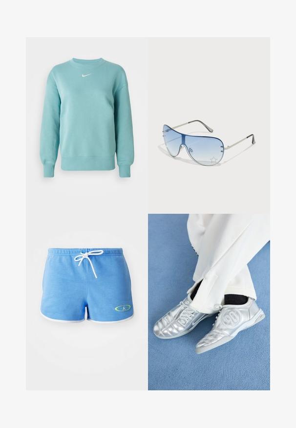 Svijetloplavi dukserica dugih rukava s okruglim izrezom, s rebrastim manžetama i rubom, s malim bijelim Nike swoosh logotipom na sredini grudi.; Svijetloplave pamučne šortse s bijelom vezicom, sa bijelim obrubom i zelenim logotipom na donjoj lijevoj strani.; Srebrne atletske tenisice s glatkom, sjajnom površinom, koje imaju šivani dizajn i broj 90 sa strane, u kombinaciji s bijelim hlačama.; Naočale tipa avijatičar s gradijentnim plavim staklima, okvirom od srebrnog metala i dekorativnim zvjezdastim naglascima na staklima. Glatki i elegantni dizajn.