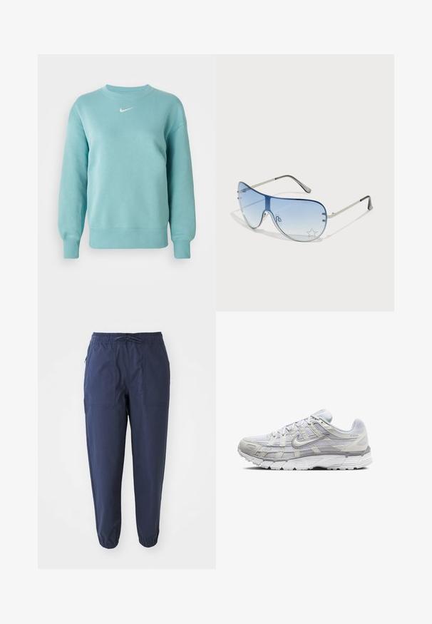 Svijetloplava dukserica dugih rukava s okruglim izrezom, s rebrastim manžetama i rubom, s malo bijelim Nike swoosh logom na sredini prsnog dijela.; Temno modri jogger hlače iz lahkega blaga, z elastičnim pasom, vrvico in dvema sprednjima žepoma. Elastični manšeti pri gležnjih.; Svetlo sivi atletski čevlji z zgornjim delom iz mrežaste in sintetične tkanine, opremljeni z vezalkami, oblazinjenim ovratnikom in teksturiranim podplatom za dober oprijem.; Pilotne sončne očala z gradijentnimi modrimi lečami, srebrnim kovinskim okvirjem in okrasnimi zvezdastimi detajli na lečah. Gladek in eleganten dizajn.