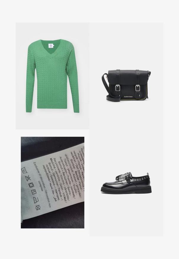 Groene gebreide trui met een V-hals, geribbelde manchetten en een textuurpatroon door de stof. Het label aan de hals zegt "KNITD."; Label tag met meertalige tekst, zorgsymbolen en recyclingiconen, gedrukt op een zacht textielachtig materiaal in een lichte kleur.; Zwarte leren schoen met een ronde neus, decoratieve oogjesdetails en een band met een gesp, met een dikke zwarte zool.; Zwarte leren schoudertas met een klep, twee zilveren sluitingen, gele stiksels en een verstelbare schouderband. Beschikt over een gladde textuur en een compact ontwerp.