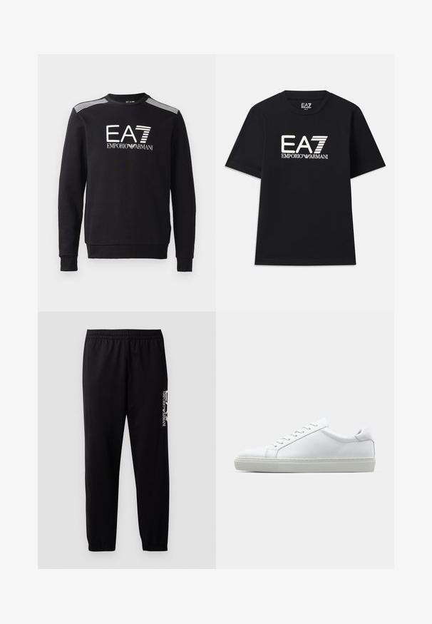 Zwarte sweatshirt van katoen, met een ronde hals, lange mouwen, een wit EA7-logo en strepen over de schouders.; Zwarte T-shirt van katoen, met een ronde hals en korte mouwen. Geborduurd logo "EA7 EMPORIO ARMANI" in het wit op de voorkant.; Zwarte sportbroek van gladde stof, met een elastische tailleband en boorden, en een contrasterend logo aan de zijkant.; Witte sneaker met een gladlederen bovenwerk en een laag profiel. Voorzien van een ronde neus, zes vetergaatjes en een gestructureerde rubberen zool.
