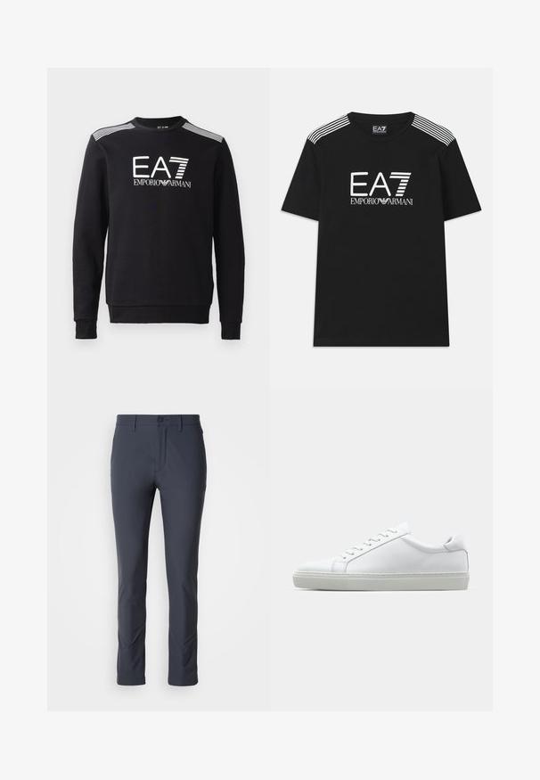 Black sweatshirt made of cotton, featuring a crew neckline, long sleeves, white EA7 logo and stripes across the shoulders.; Black cotton t-shirt featuring a white EA7 logo and 'Emporio Armani' text. Three white stripes on the shoulders enhance the design.; Navy stretch trousers with a slim fit, smooth texture, front pockets, and a button closure. Designed for comfort and mobility.; White sneaker with a smooth leather upper and a low profile. Features a rounded toe, six eyelets, and a textured rubber sole.