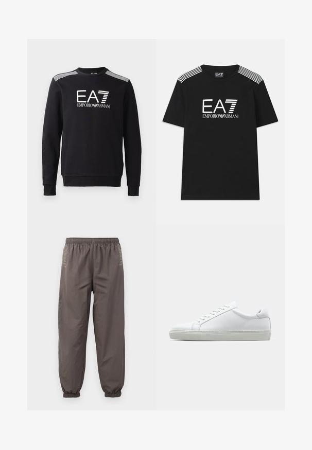 Sort sweatshirt lavet af bomuld med rund halsudskæring, lange ærmer, hvid EA7-logo og striber på skuldrene.; Sort bomulds t-shirt med et hvidt EA7-logo og teksten 'Emporio Armani'. Tre hvide striber på skuldrene fremhæver designet.; Mørkegrå, elastiske bukser med en afslappet pasform. Har samlede manchetter og subtil broderi på siderne. Letvægtsstof.; Hvide sneakers med en glat læderoverdel og lav profil. Har en rund tå, seks snørehuller og en tekstureret gummisål.